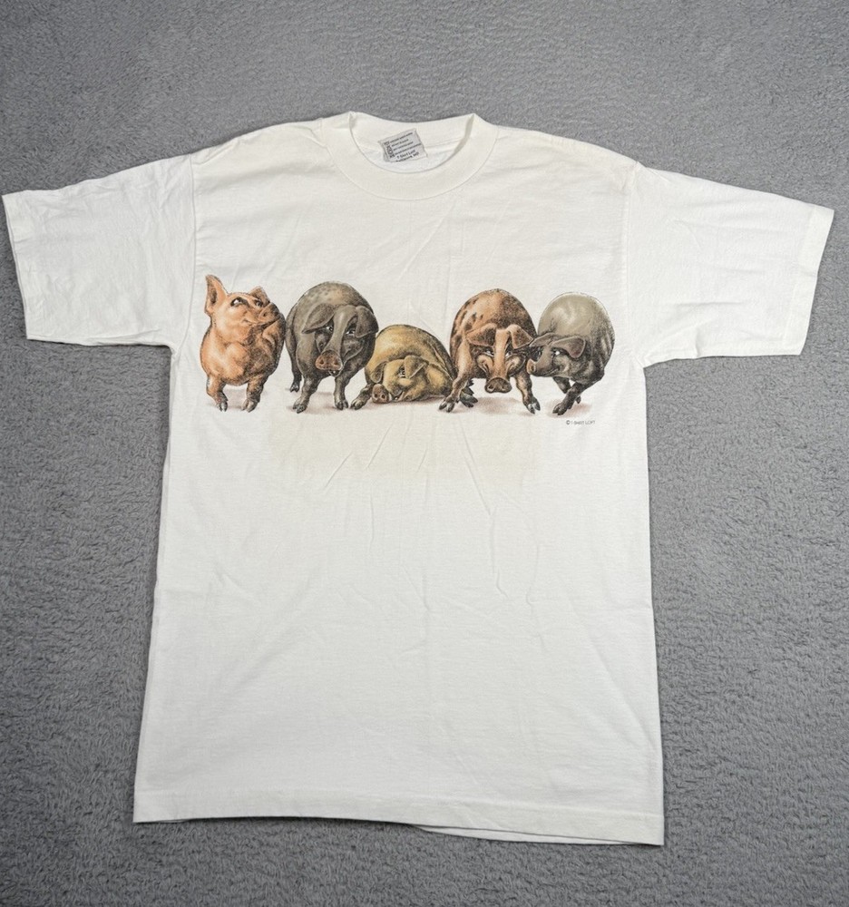 Vintage 90s Double Sided Pig Graphic T Shirt Adult Medium Single Stitch USA Made