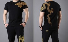 Mens Japanese Pattern Embroidery Gold Dragon T-Shirt Stretch Black Short Sleeve