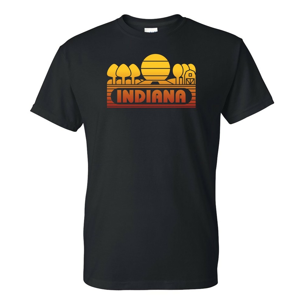 Indiana Groovy Sunset – Landscape Vacation Home State T Shirt – Black