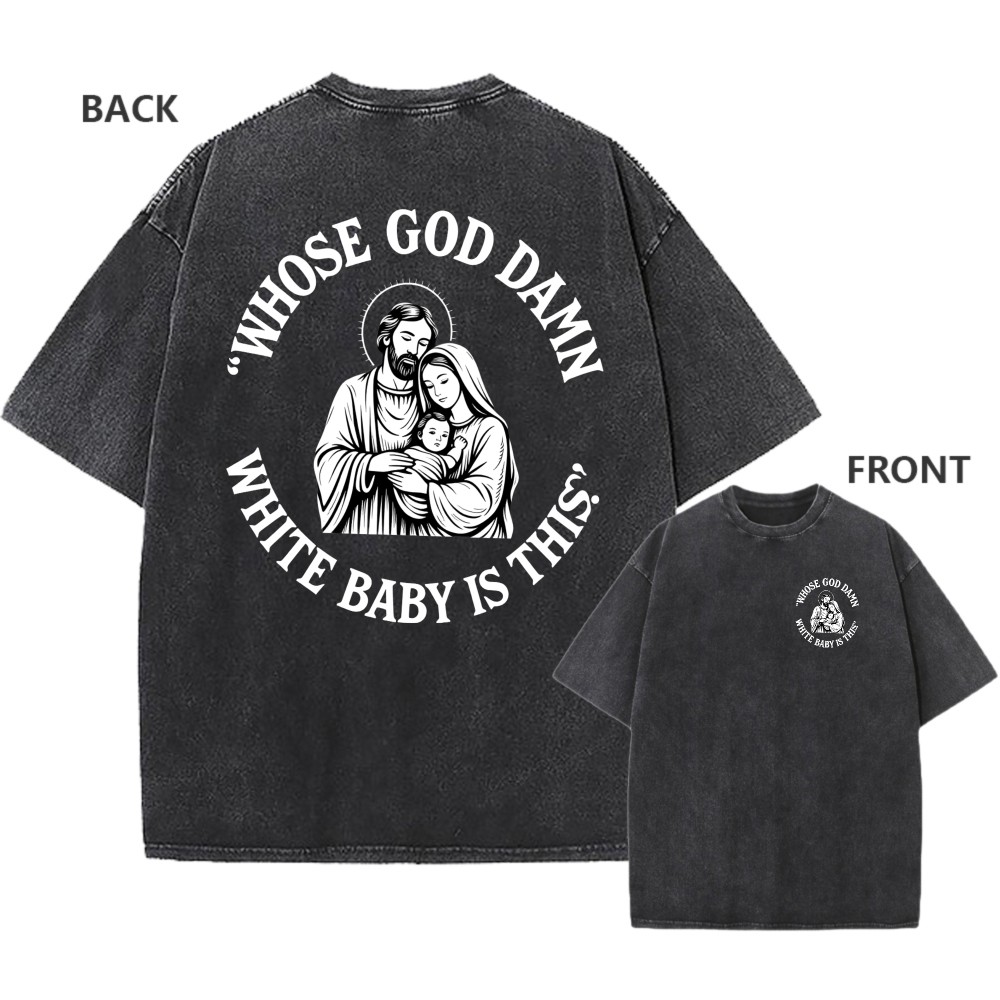 Men’s Vintage Oversized Washed T-Shirt Retro Funny Nativity Scene Casual Tee