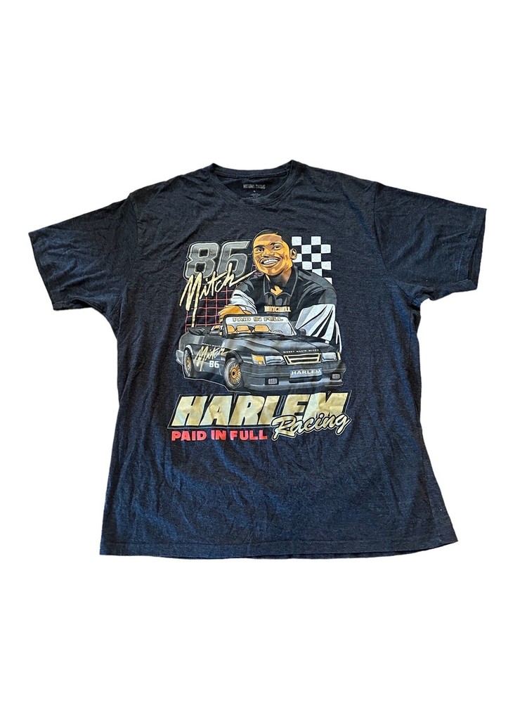 HARLEM HUSTLER MEN’S MITCH RACING MEGA PRINT T SHIRT PAID IN FULL RETRO RAP XL