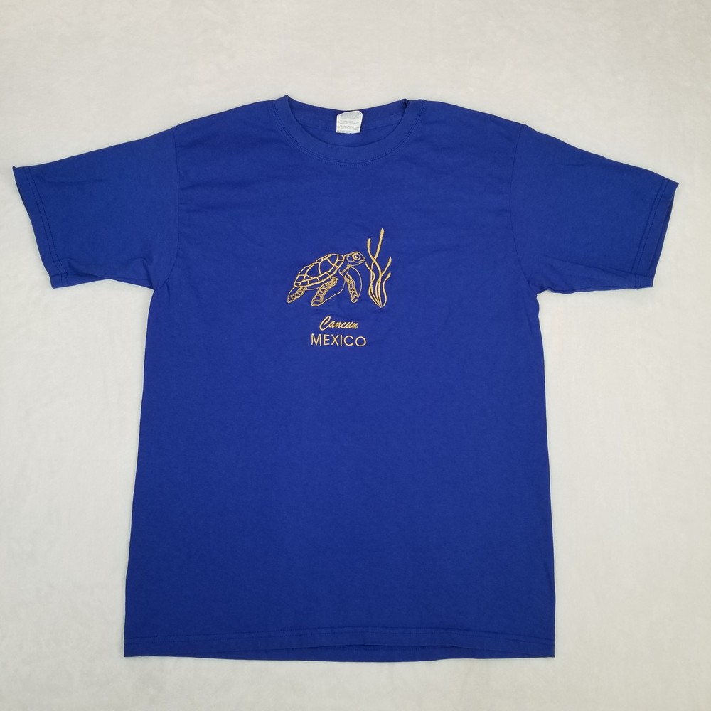 Cancun Mexico Turtle Embroidered Yazbek Men’s Graphic Tee Size Medium Blue