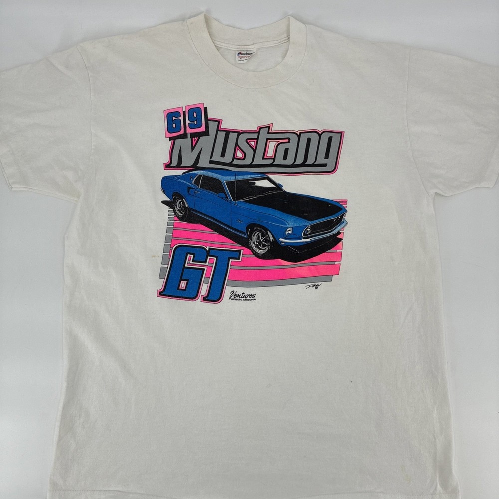 Vintage 1969 Ford Mustang GT Shirt Men Large White Steadman Single Stitch USA