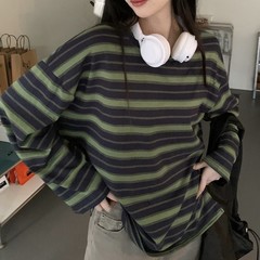 Korean Fashion Women’s Loose Striped Blouse Long Sleeve Crew Neck Streetwear