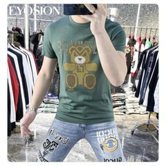 New Fashion Bear Trend Rhinestones Summer Short Sleeve Luxury Men Cotton T-Shirt