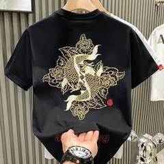 Men’s Luxury Koi Fish Embroidered Cotton T-Shirt Casual Short Sleeve Slim Fit Te