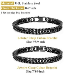 2PCS Cuban Link Bracelet, Black Sturdy 316L Stainless Steel Cuban Link Chain …
