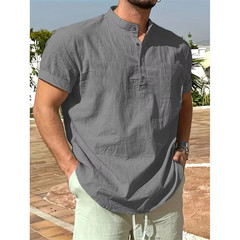 Men’s Cotton Linen Henley Shirt Summer Breathable Casual T-Shirt Tee Casual Gift