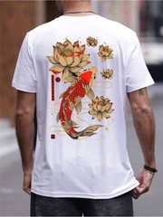 Men’S Casual Short-Sleeve T-Shirt Featuring a Koi Fish And Lotus Flower Print