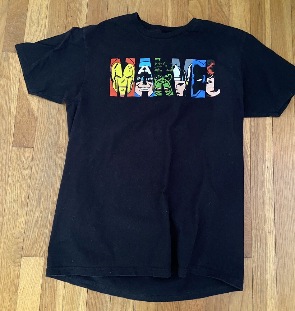 Marvel Logo C-Life Group Black T-Shirt Avengers Super Hero Men L Large Heroes