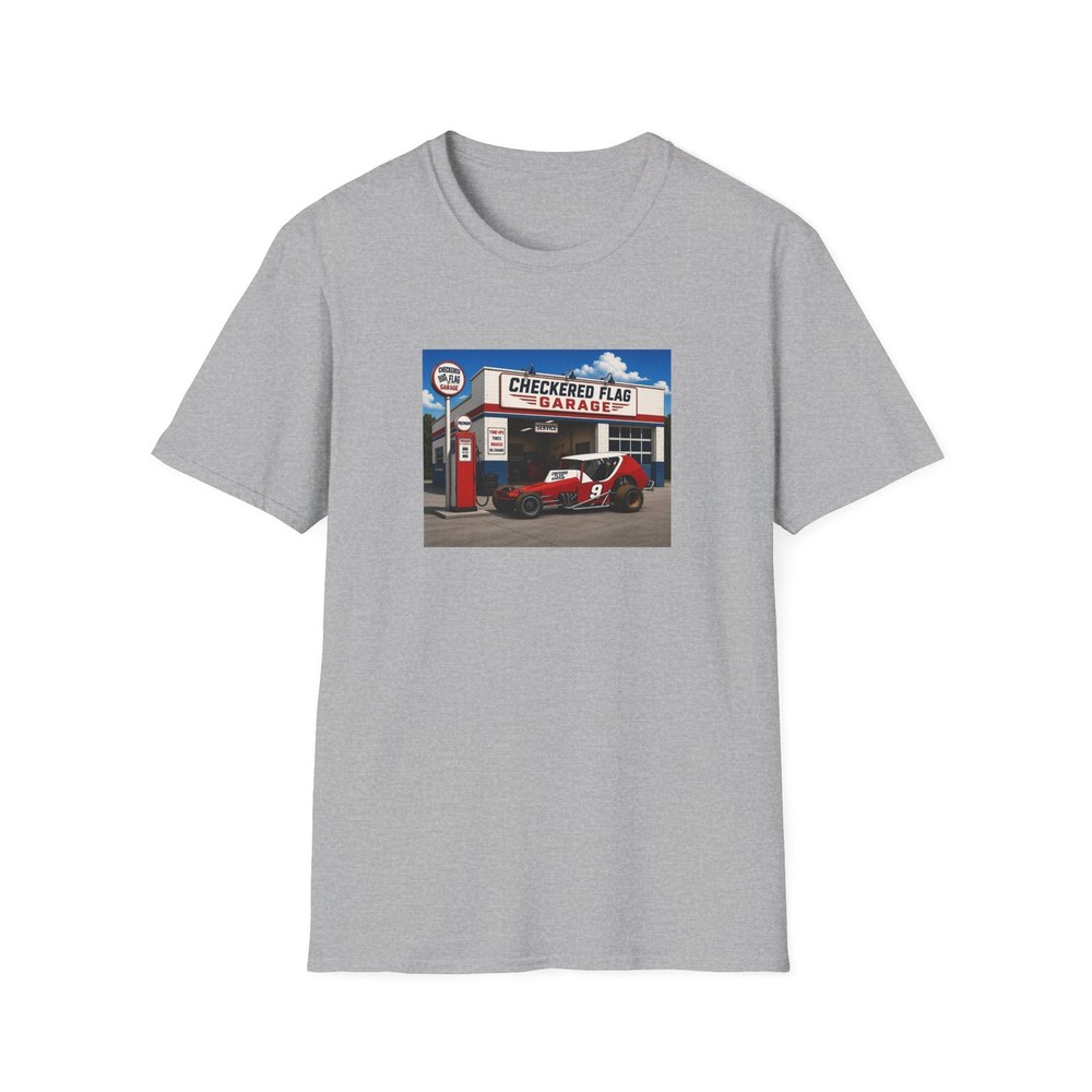 1970s Dirt Modified Race Car Checkered Flag Garage T-Shirt