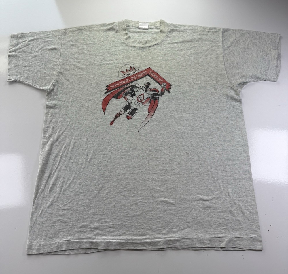 Vintage 90s Blood donor superhero tee gray XL faded tag heroes graphic t-shirt