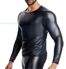 Men’s Round Neck Long Sleeve PU Leather T-shirt Party Club Pullovers Tops Casual
