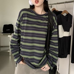 Korean Fashion Women’s Loose Striped Blouse Long Sleeve Crew Neck Streetwear