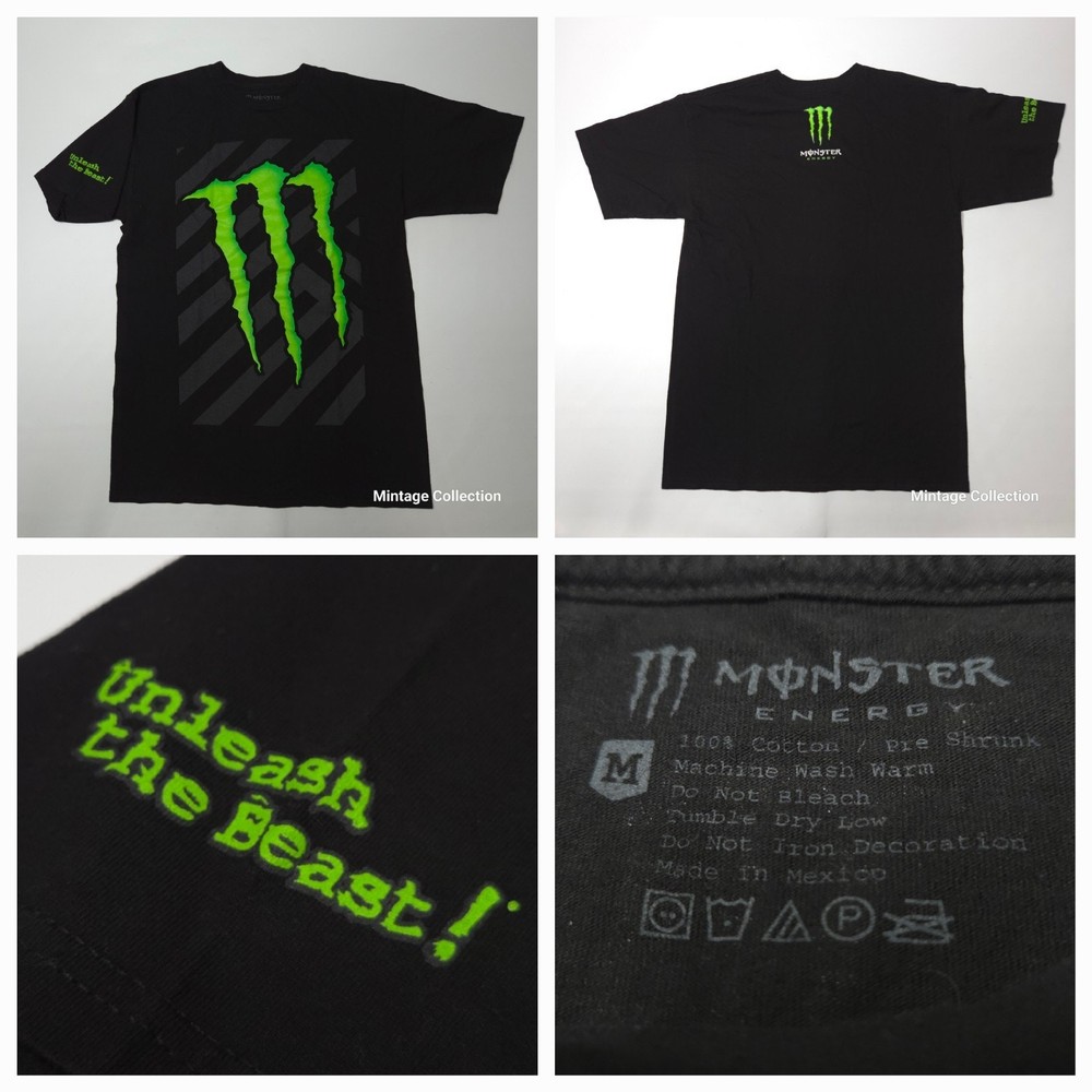 Monster Energy Drink Unleash The Beast Black Big Print Crewneck Shirt Size M