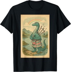 Funny Nessie Playing Bagpipes Under a Rainbow in Scotland T-Shirt