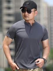 Outdoor Men’s Henry Collar Short Sleeve Shirts Waffle Quick dry Casual T-Shirts