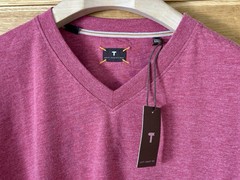 Left Coast Tee Shirt Mens 2XL Red Salmon Cotton Poly Short Sleeve Knit V Neck