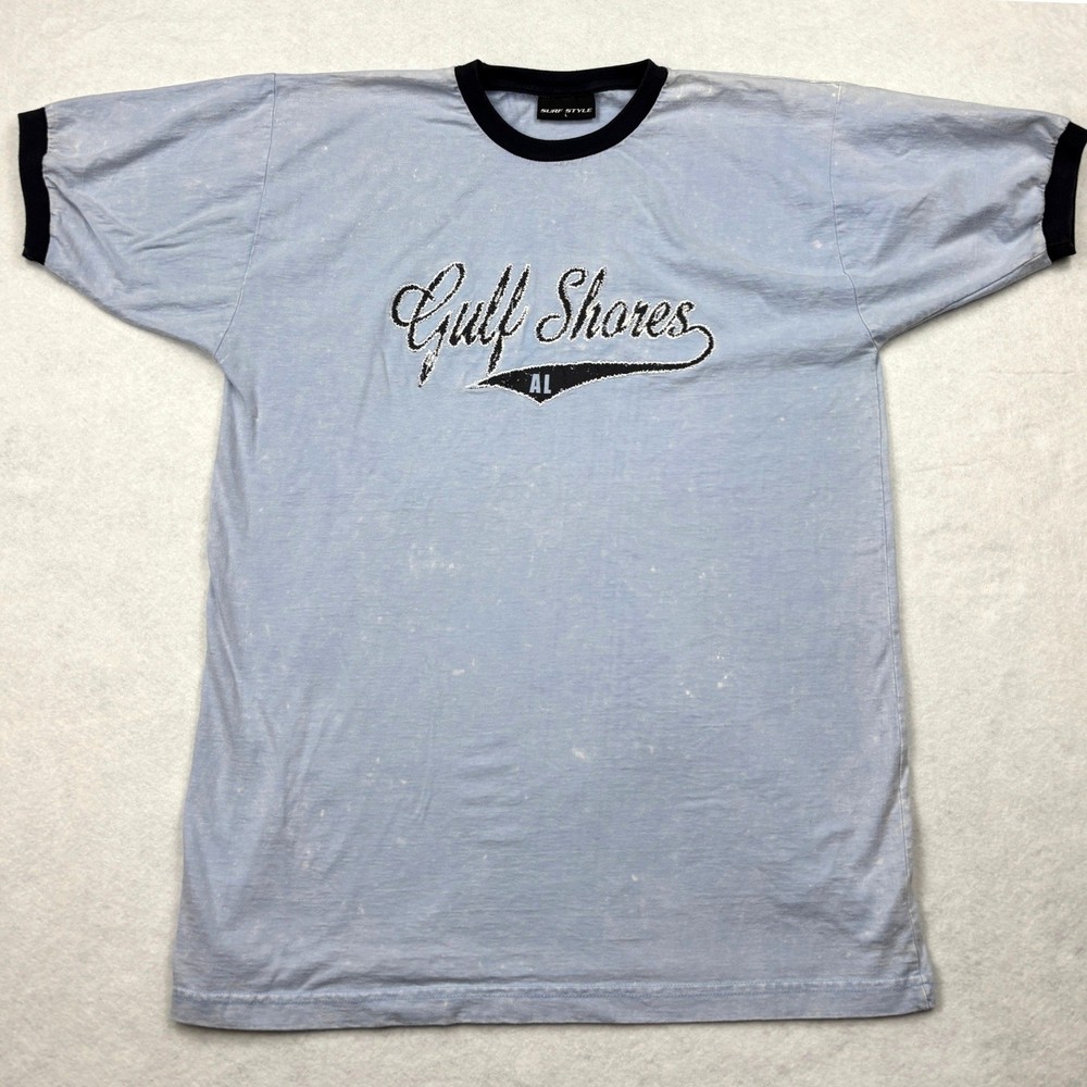Surf Style Gulf Shores AL Ringer Shirt Blue Mineral Wash Embroidered Mens Large