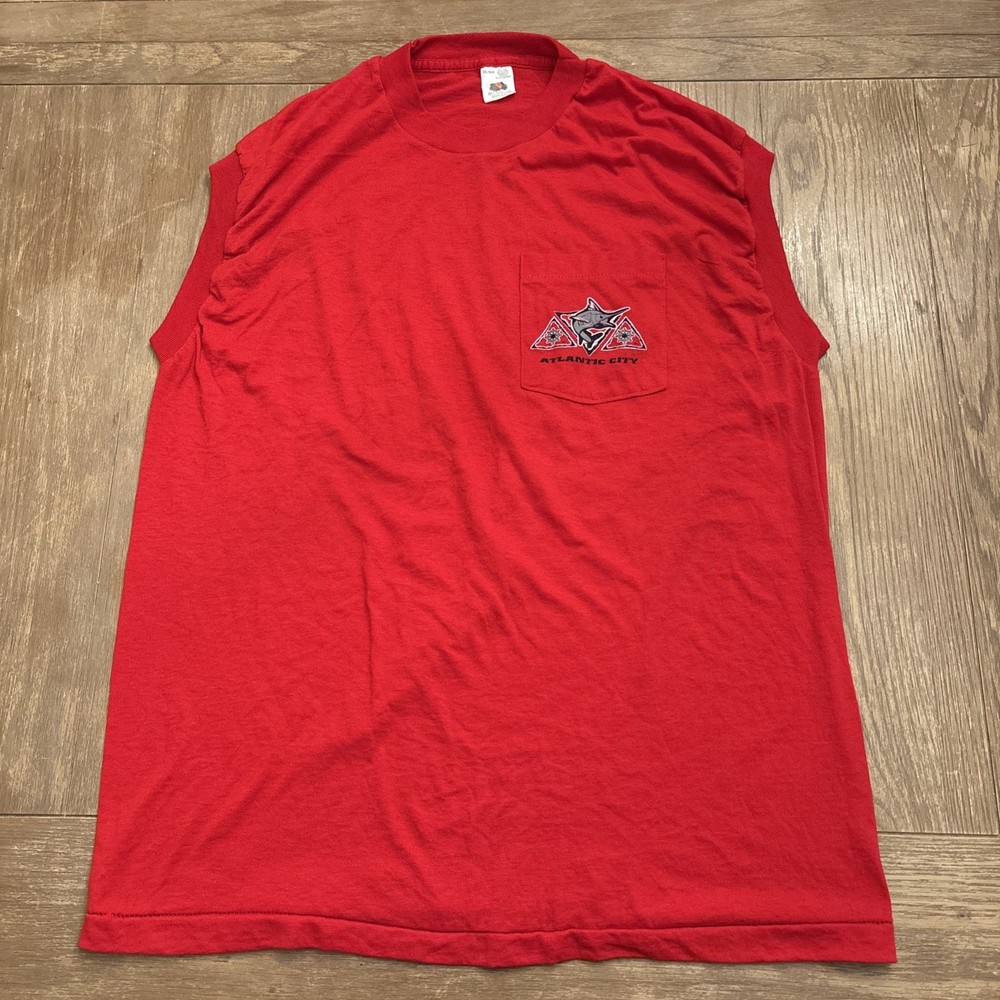 Vintage Fruit of the Loom Sleeveless Pocket T Shirt XXL Red Atlantic City