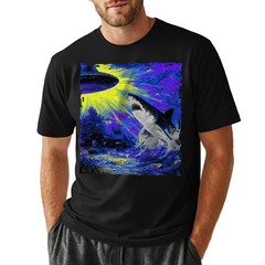 Retro UFO Shark Attack T-Shirt Vintage Sci-Fi Alien Abduction Space Graphic Tee