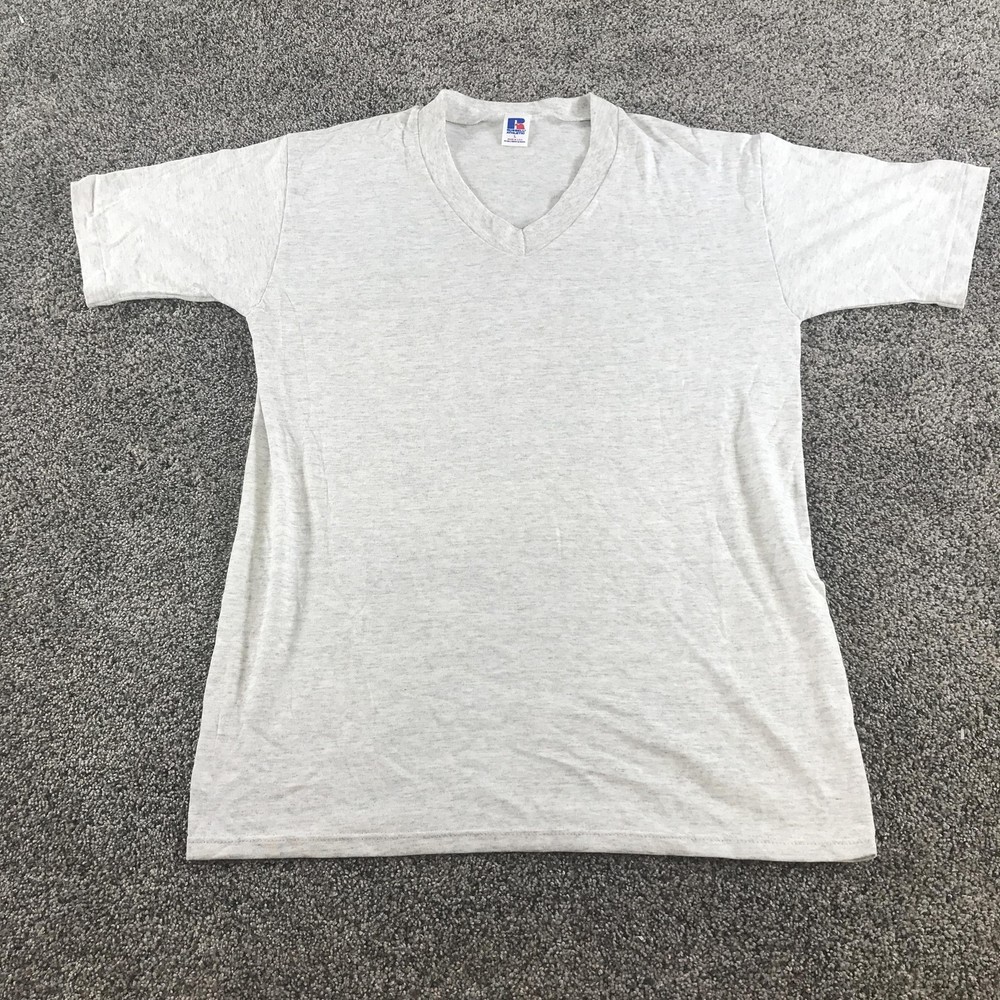 Vintage Russell Athletic Shirt Mens Large Gray V Neck Basic Tee Made In USA