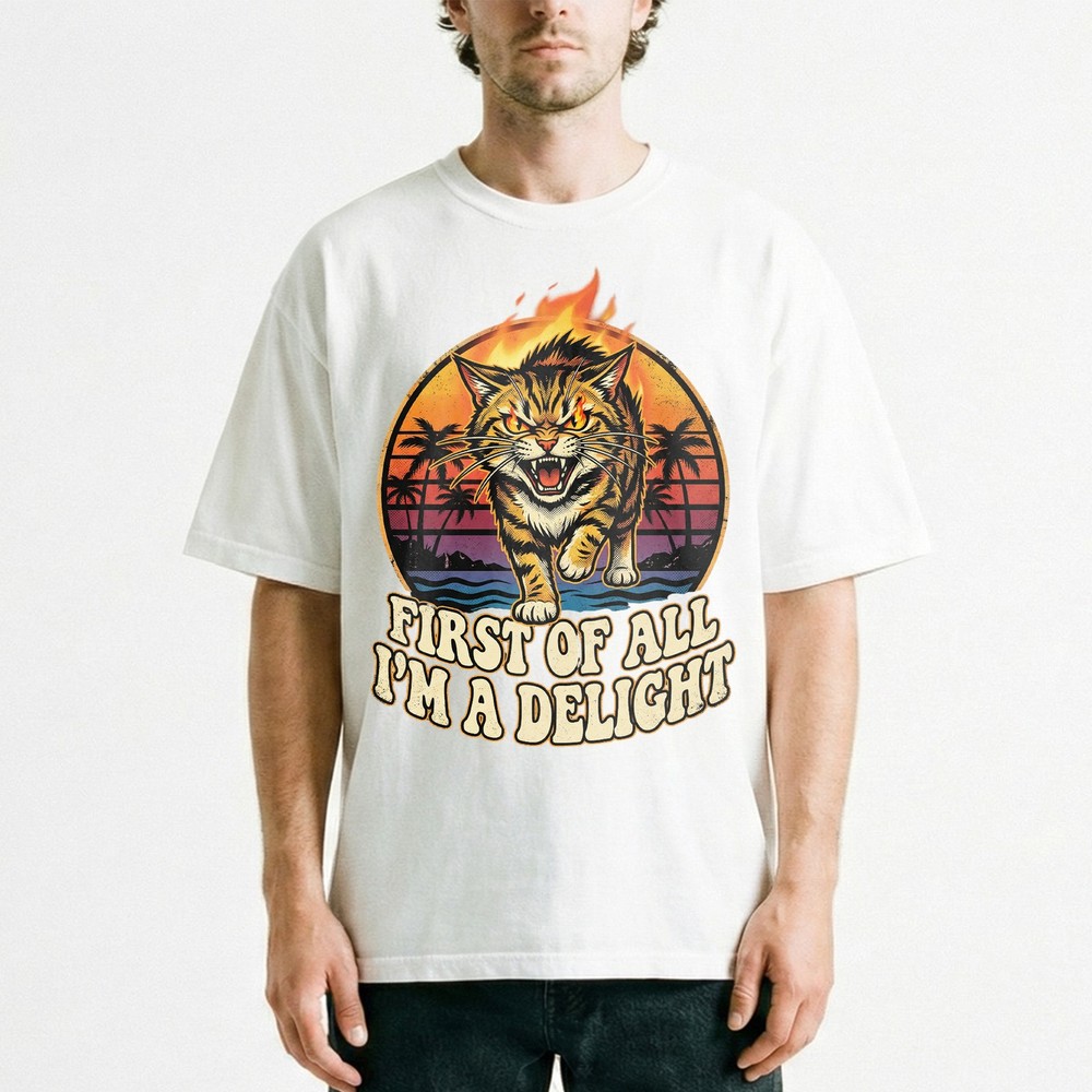 Angry Tiger Fire Eyes Tropical Beach Tee Retro Sunset Palm Trees T-Shirt
