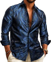 Mens Silk Paisley Western Shirt Long Sleeve Button Down Cowboy Dress Top Casual