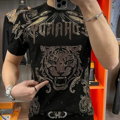 New Fashion Tiger Trend Rhinestone Summer Short Sleeve Luxury Black Men T-Shirt