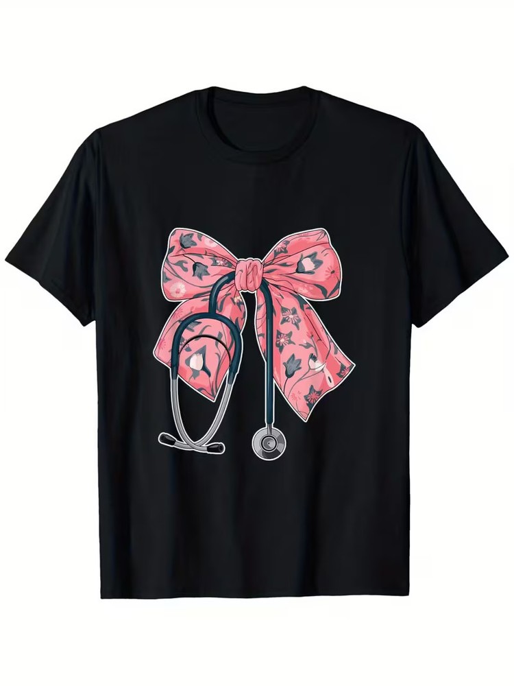 Black Cotton T-Shirt with Pink Bow & Stethoscope Print – Soft, Breathable, Moist