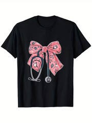 Black Cotton T-Shirt with Pink Bow & Stethoscope Print – Soft, Breathable, Moist