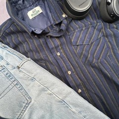 Dark Striped Button-Up Shirt Chest Pockets Vintage Casual Y2K Streetwear XL