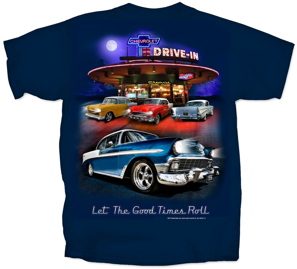 Joe Blow T’s Chevy Tri-Five Drive In Men’s Blue T-Shirt 1955 1956 1957 Bel Air