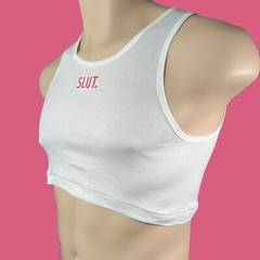 Personalizable Custom Embroidery SLUT mens white super short crop rib tank top