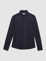 REISS MENS Nate Navy Cutaway Collar Jersey Slim Fit Shirt Top in Navy Size L