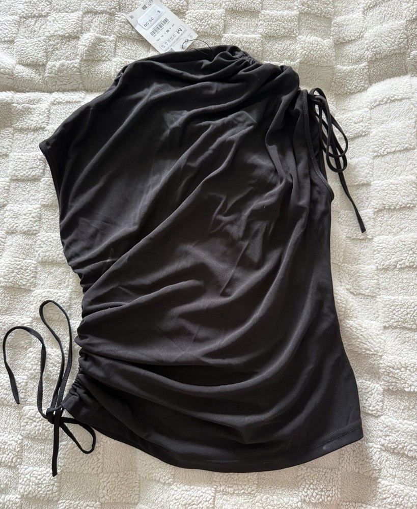 Zara Shirt Womens M Black high Neck Short Sleeve Drawstring Stretch NWT