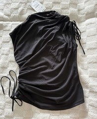 Zara Shirt Womens M Black high Neck Short Sleeve Drawstring Stretch NWT