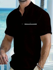 Mens Cotton Solid Color Shirt Stand Collar Casual Business Summer Beach Fun Gift