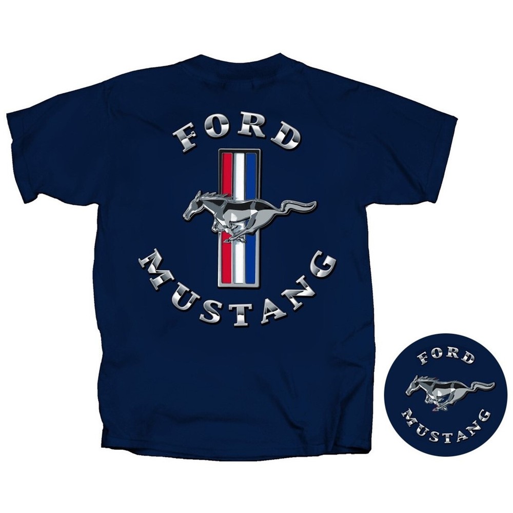 Joe Blow T’s Ford Mustang Chrome Tribar Logo Men’s Blue T-Shirt Pony Emblem