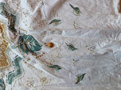 Laura Lance Embellished Art Deco T Shirt Beige Beaded Leaf Graphic Top