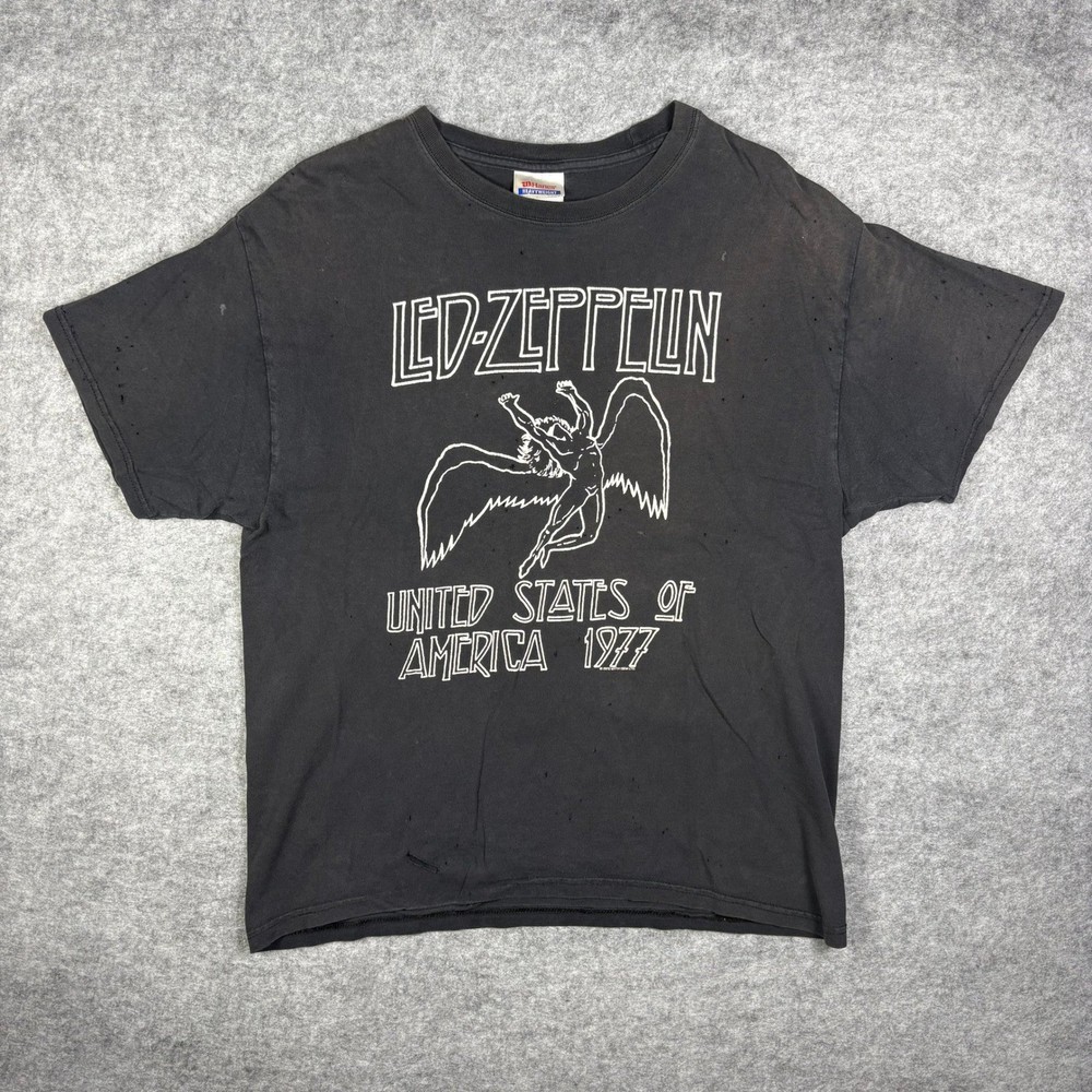 Vintage Led Zeppelin 1977 US Tour T-Shirt Hanes Distressed Black Large 2003