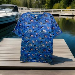 Reel Legends T-shirt Tee Mens Blue Sz M Reel Tec Flag Fish All Over Patriotic