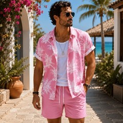 Men 2Pcs Hawaiian Shirt Shorts Set Tropical Print Beach Summer Outfit S-5XL