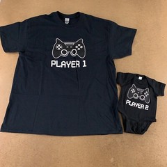 Adult XL & Newborn Gaming Player One Player Two Fun T-Shirt & Bodysuit Set New