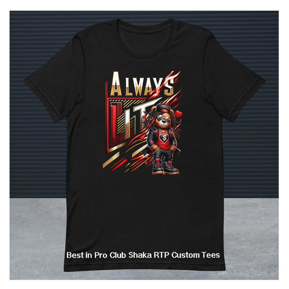 Mens Bear of Hearts Always Lit Tee Shirt Big Tall Hip Hop Shaka Pro Club Shaka
