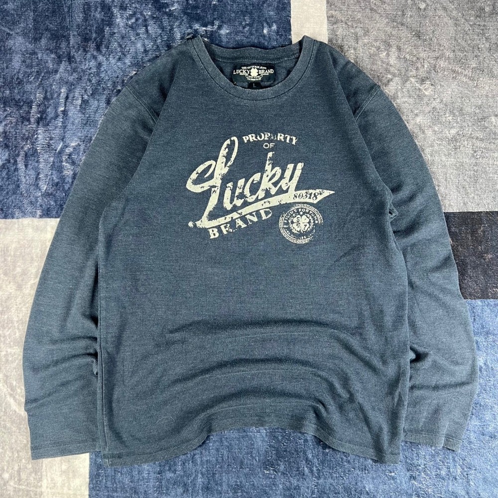 Lucky Brand Mens Blue Waffle Knit Thermal Graphic Long Sleeve Shirt Size L