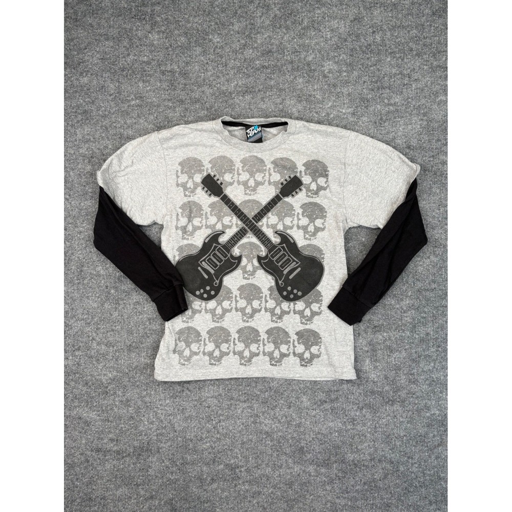 Top Heavy Mens M Gray Skull Guitar Graphic Layered Long Sleeve T-Shirt Y2K Rock