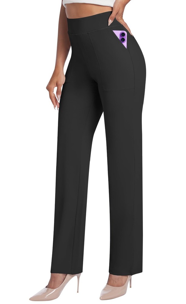 Womens Yoga Pants Straight Leg Stretchy Work Pants High Waist Pull On Busines…