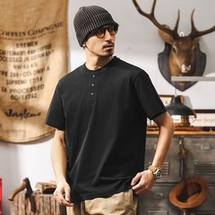 American retro T-shirt men new short-sleeved men summer Henry collar