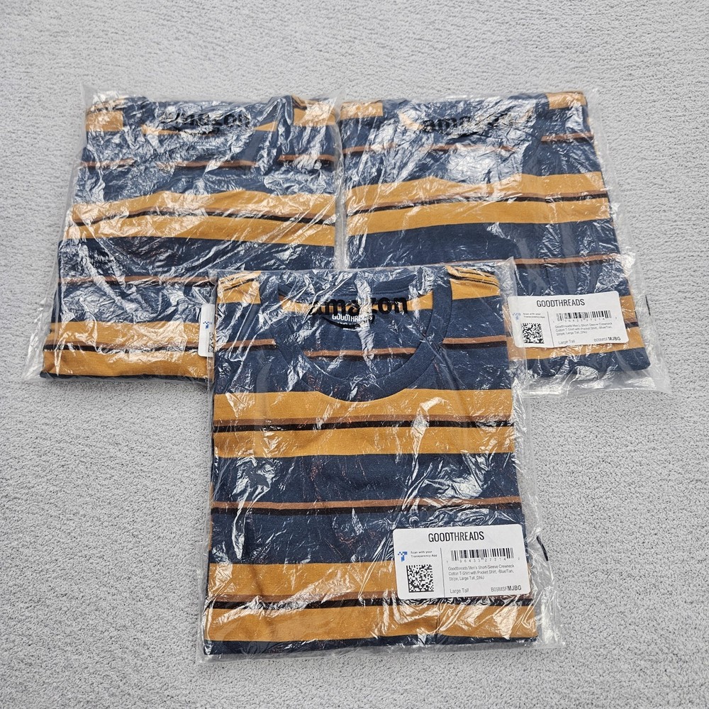 Goodthreads Pocket T-Shirt Men’s Large Tall Crewneck Blue/Tan Stripes Lot of 3
